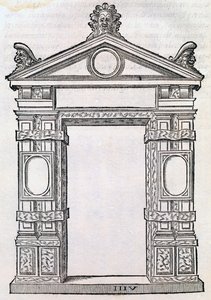 「Libro Estraordinario」からの装飾された柱のあるドア、1565 作： Sebastiano Serlio